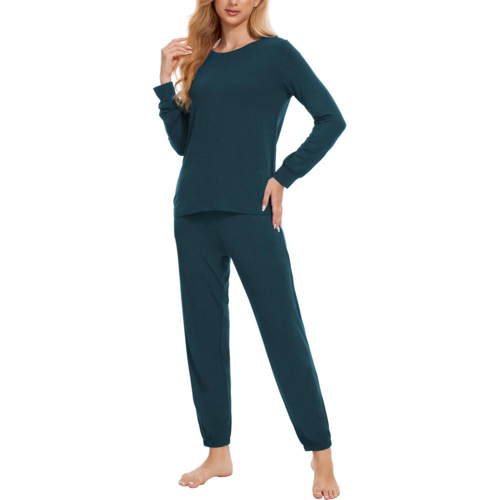 imageGYS Womens Pajamas Set Viscose Made from Bamboo Long Sleeve Sleepwear Tops with Jogger Pants Lounge Pjs SetsIndigo