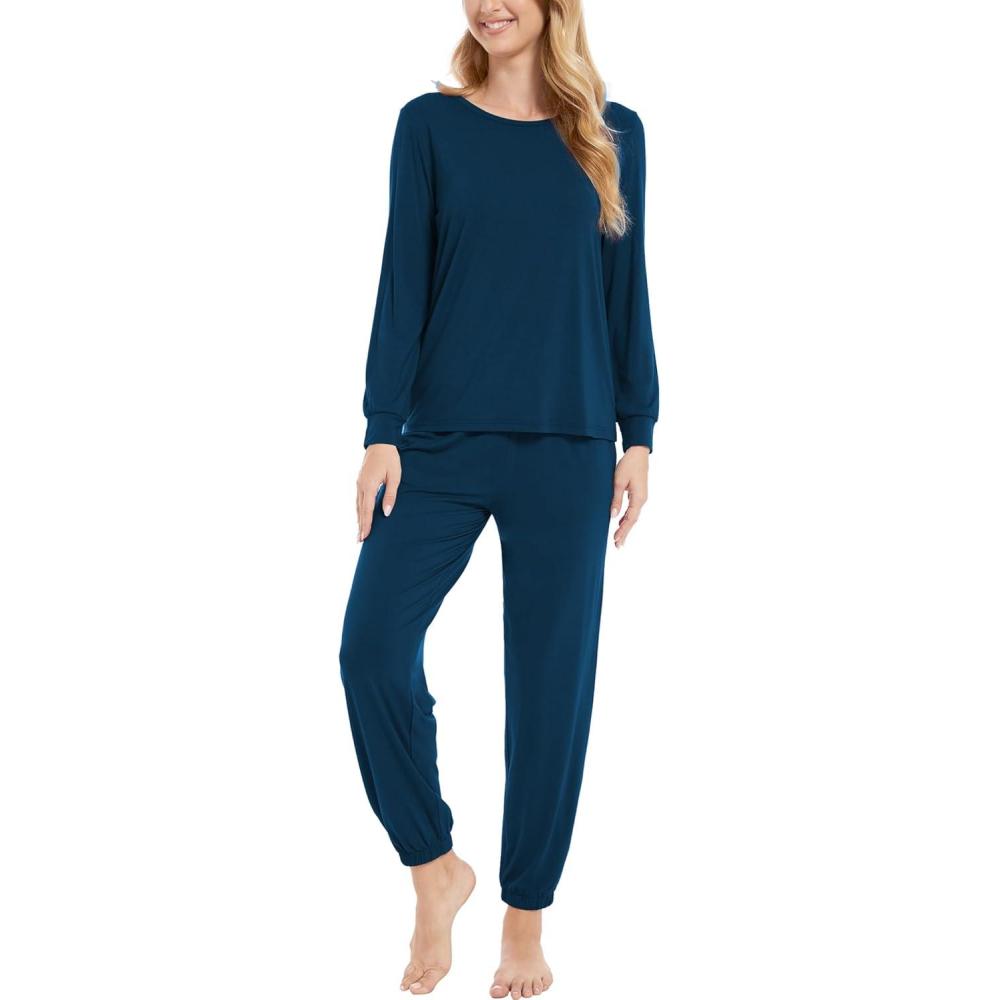 imageGYS Womens Pajamas Set Viscose Made from Bamboo Long Sleeve Sleepwear Tops with Jogger Pants Lounge Pjs SetsInk Blue