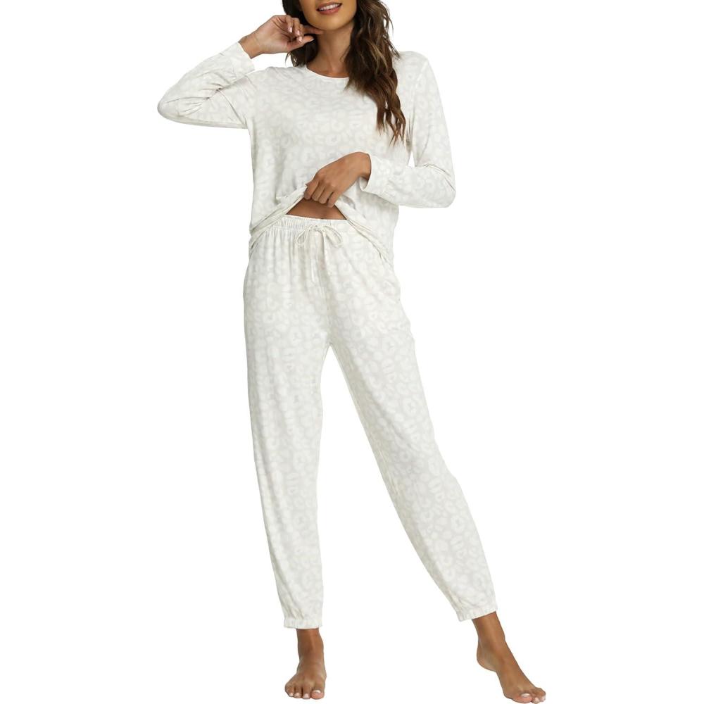 imageGYS Womens Pajamas Set Viscose Made from Bamboo Long Sleeve Sleepwear Tops with Jogger Pants Lounge Pjs SetsOat Leopard