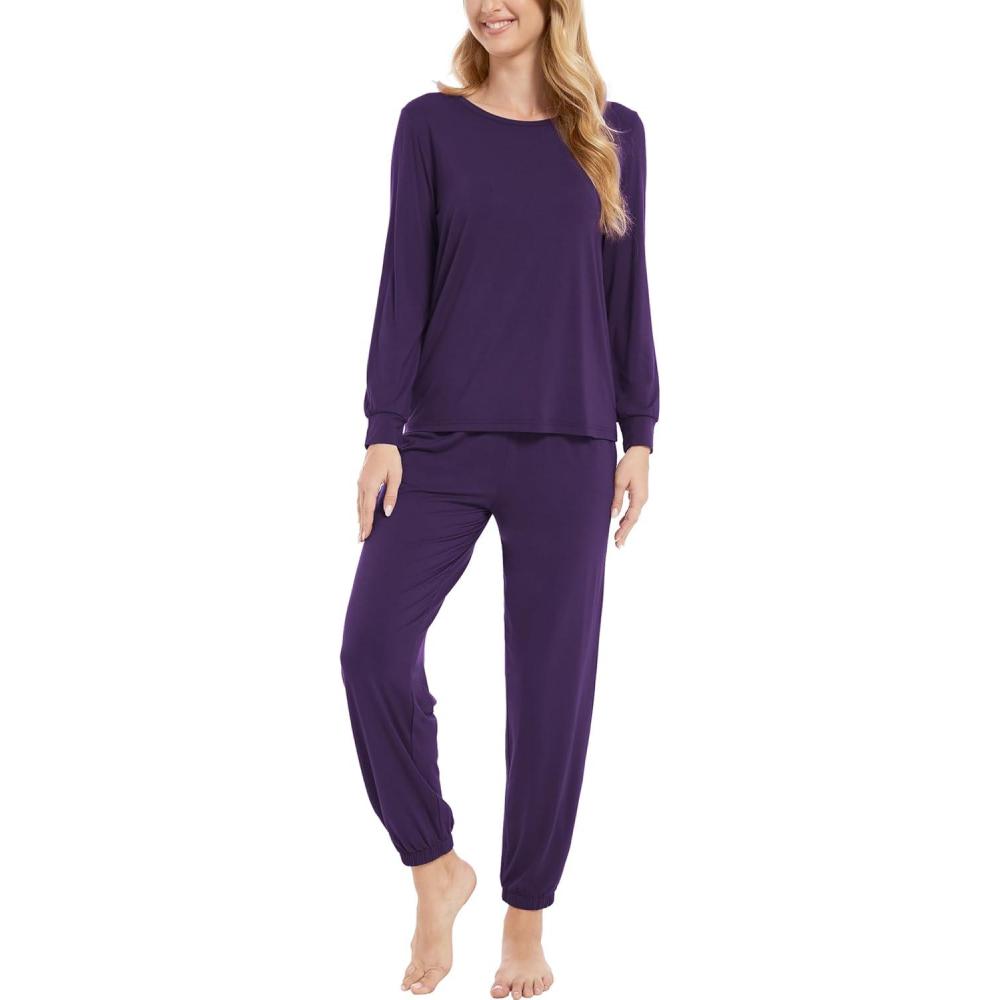 imageGYS Womens Pajamas Set Viscose Made from Bamboo Long Sleeve Sleepwear Tops with Jogger Pants Lounge Pjs SetsPurple