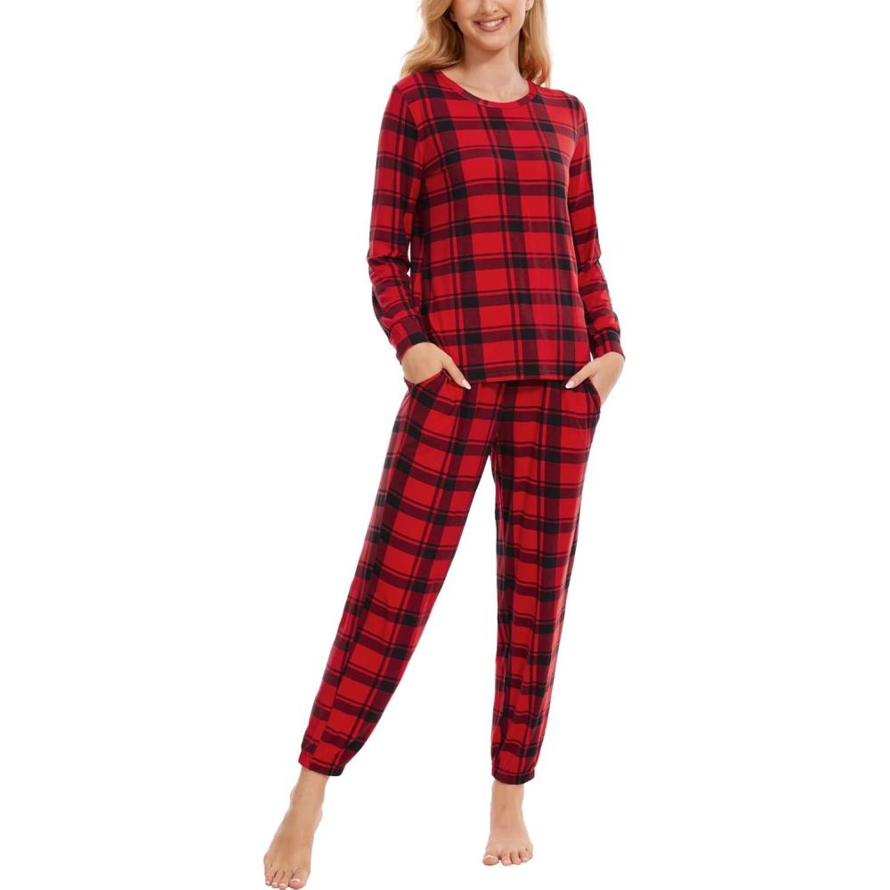 imageGYS Womens Pajamas Set Viscose Made from Bamboo Long Sleeve Sleepwear Tops with Jogger Pants Lounge Pjs SetsRed Plaid