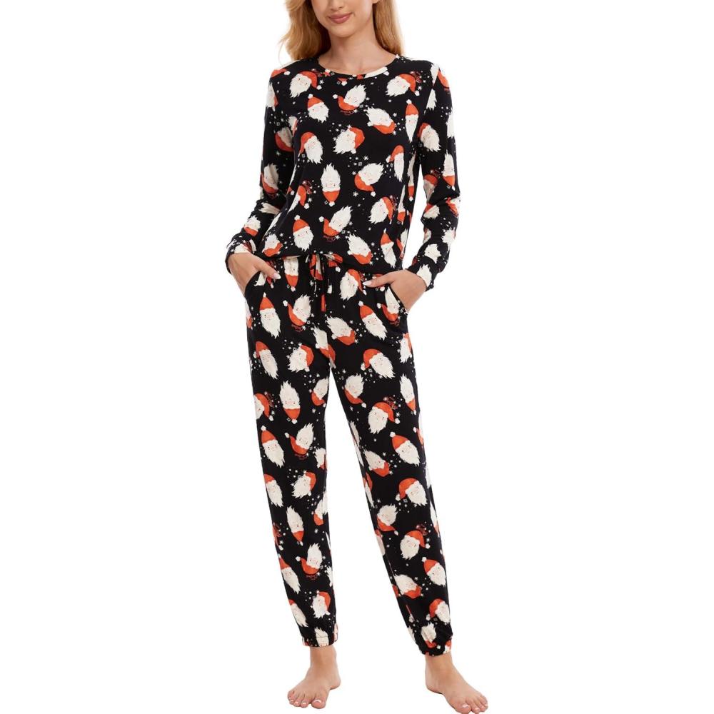 imageGYS Womens Pajamas Set Viscose Made from Bamboo Long Sleeve Sleepwear Tops with Jogger Pants Lounge Pjs SetsSanta Claus Black