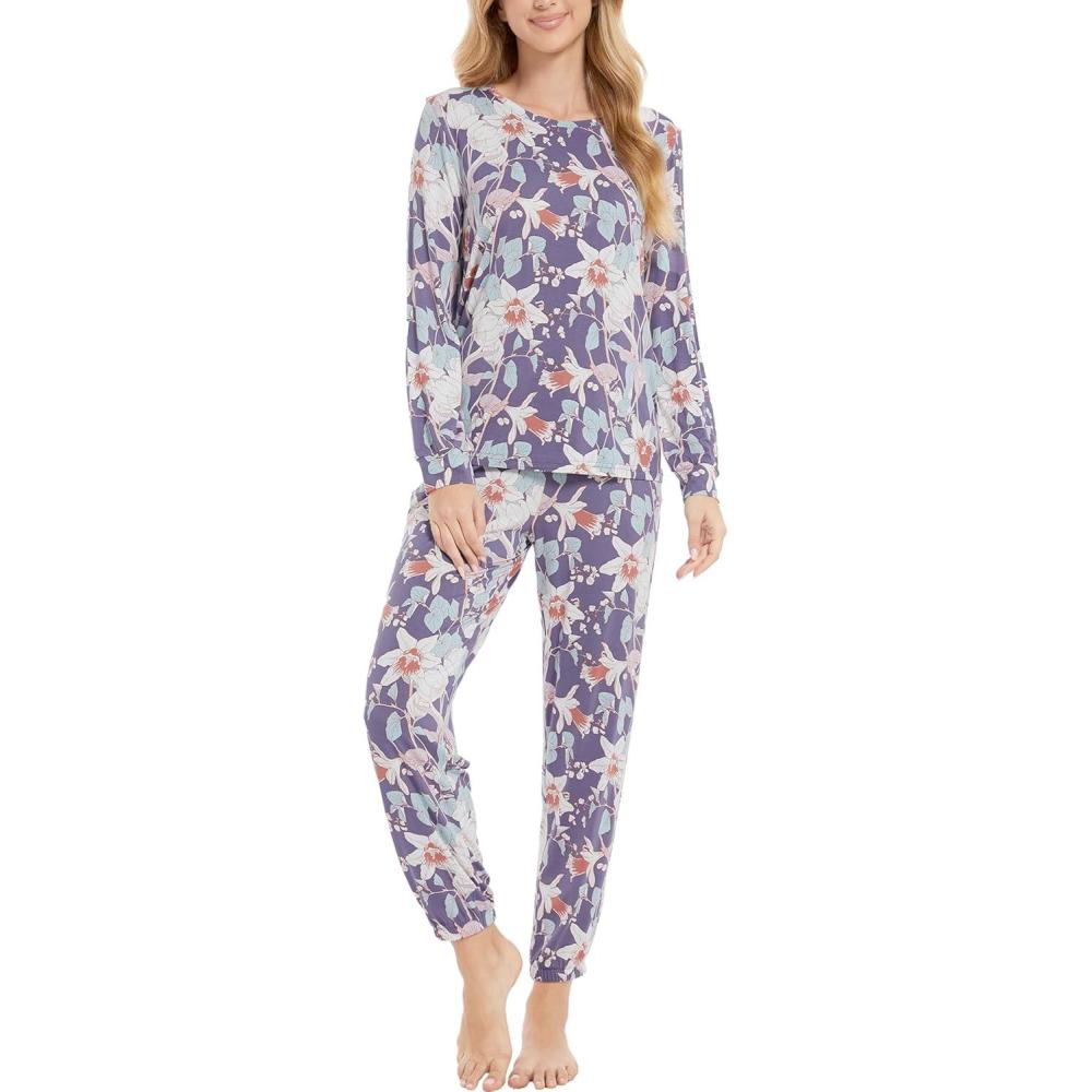 imageGYS Womens Pajamas Set  Viscose Made from Bamboo Long Sleeve Sleepwear Tops with Jogger Pants Lounge Pjs SetsViolet Floral