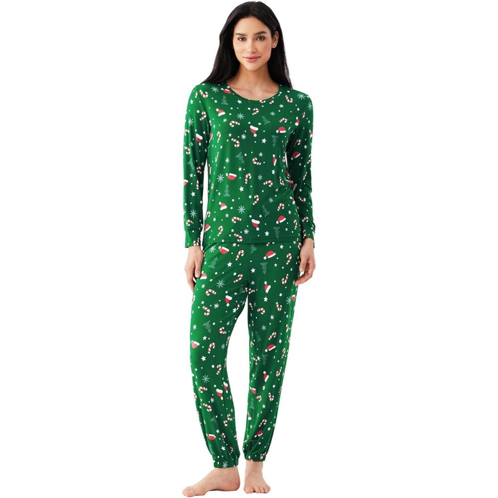 imageGYS Womens Pajamas Set Viscose Made from Bamboo Long Sleeve Sleepwear Tops with Jogger Pants Lounge Pjs SetsXmas Green