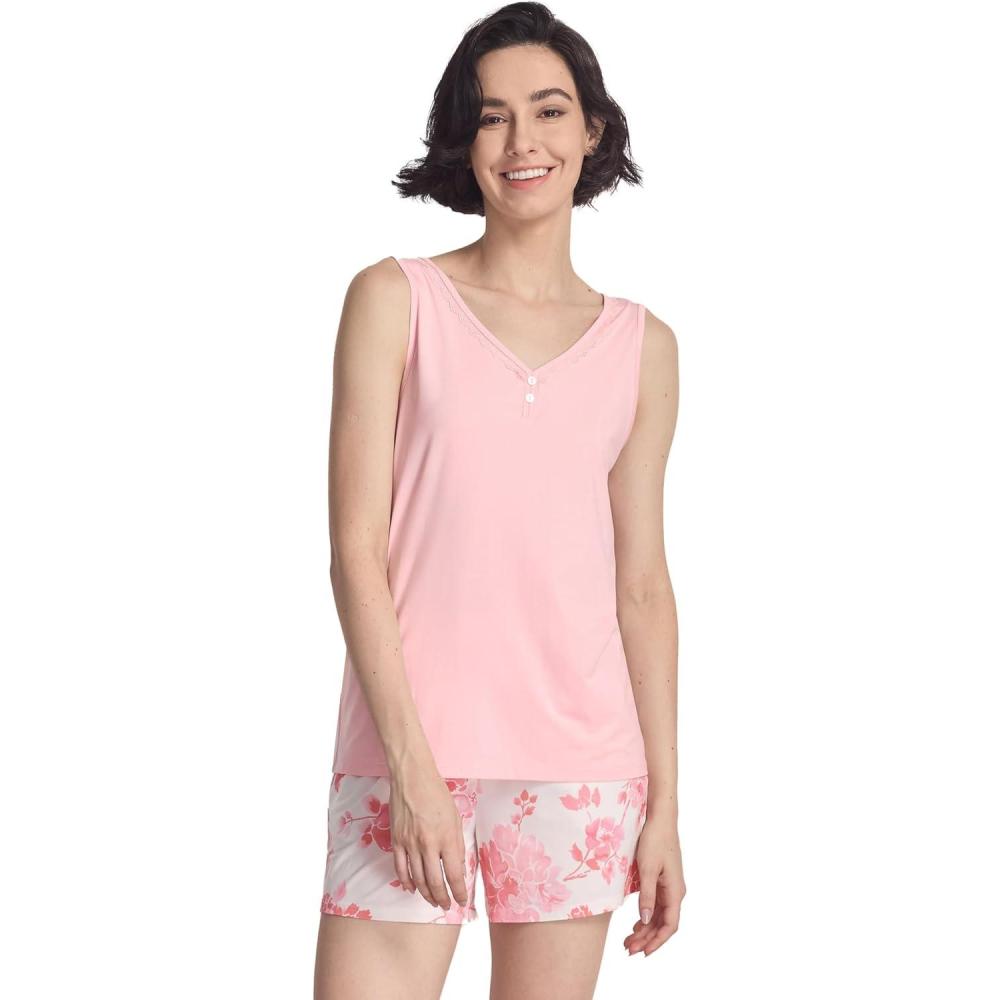 imageGYS Womens Pajamas Set Bamboo Viscose Short Sleeve Top and Shorts 2 Piece Summer SleepwearPeony