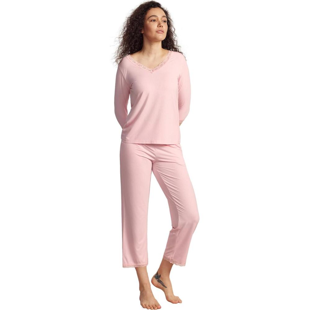 imageGYS Womens Pajamas Set Soft Comfy V Neck 34 Sleeve Top and Cropped Pants 2 Piece SleepwearPink