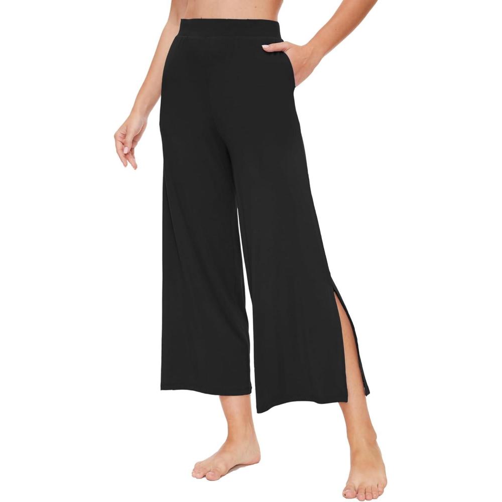 imageGYS Womens Wide Leg Pajama Pants with Pockets Soft Yoga Palazzo Pants Lounge Trousers Sweatpants with Casual Split