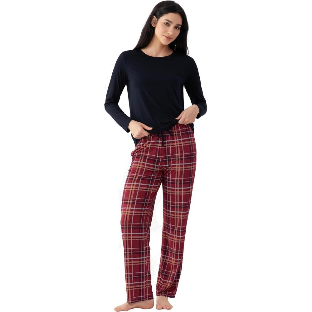 imageWomens Pajama Sets Bamboo Viscose Soft and Breathable Long Sleeve SleepwearBlackWine Red Plaid
