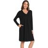 GYS Bamboo Viscose Women’s Nightgowns Long Sleeve V-neck Sleepwear with Pockets(Black)