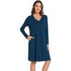 GYS Bamboo Viscose Women’s Nightgowns Long Sleeve V-neck Sleepwear with Pockets(Ink Blue)
