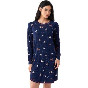 Bamboo Viscose Nightgowns for Women Long Sleeve Crew Neck Soft Sleepwear(Navy Christmas Puppy)