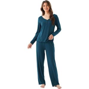 Bamboo Viscose Women’s Pajama Sets Long Sleeve V Neck Sleepwear(Ink Blue)