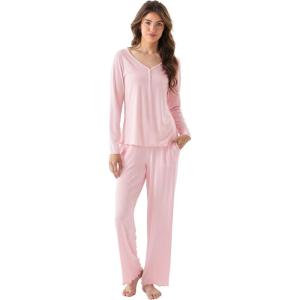 Bamboo Viscose Women’s Pajama Sets Long Sleeve V Neck Sleepwear(Pink)
