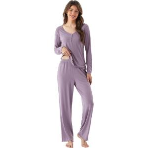 Bamboo Viscose Women’s Pajama Sets Long Sleeve V Neck Sleepwear(Violet)