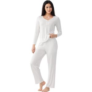 Bamboo Viscose Women’s Pajama Sets Long Sleeve V Neck Sleepwear(White)