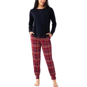 Bamboo Viscose Womens Pajamas Set, Long Sleeve Sleepwear Tops with Jogger Pants Pjs Sets(Black/Wine Red Plaid)