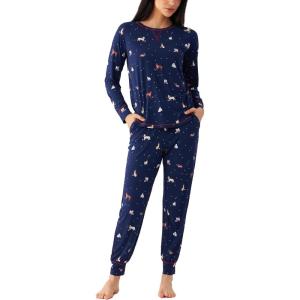Bamboo Viscose Womens Pajamas Set, Long Sleeve Sleepwear Tops with Jogger Pants Pjs Sets(Navy Christmas Puppy)