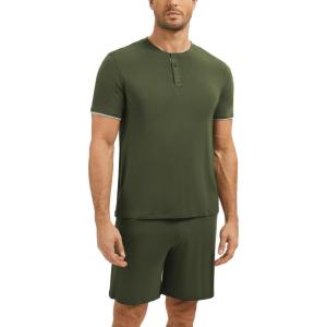 GYS Bamboo Viscose Men’s Pajama Sets Short Sleeve Tops with Shorts 2 Pieces Sleep Set(Army Green)