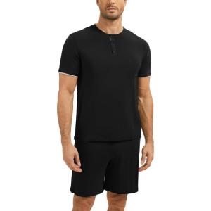 GYS Bamboo Viscose Men’s Pajama Sets Short Sleeve Tops with Shorts 2 Pieces Sleep Set(Black)