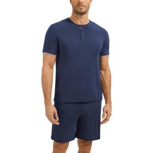 GYS Bamboo Viscose Men’s Pajama Sets Short Sleeve Tops with Shorts 2 Pieces Sleep Set(Deep Blue)