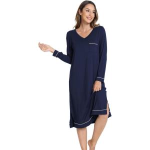 GYS Bamboo Viscose Soft Women’s Nightgowns Comfy Long Sleeve V Neck Sleep Dress(Navy)