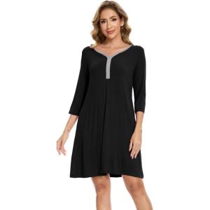 GYS Bamboo Viscose Women’s Nightgowns 3/4 Sleeve V Neck Comfy Knee-length Sleepwear(Black)