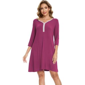 GYS Bamboo Viscose Women’s Nightgowns 3/4 Sleeve V Neck Comfy Knee-length Sleepwear(Grape Purple)