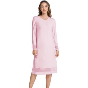 GYS Bamboo Viscose Women’s Nightgowns Long Sleeve Spliced Lace Sleep Shirts(Pink)