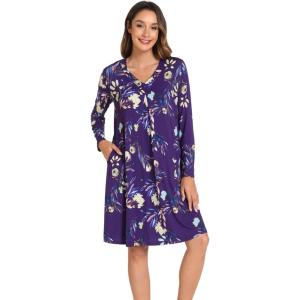 GYS Bamboo Viscose Women’s Nightgowns Long Sleeve V-neck Sleepwear with Pockets(Purple Floral)