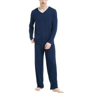 GYS Men’s Bamboo Viscose Pajamas Set Lightweight Sleepwear Long-Sleeved Sleep Shirt and Long Pants Pjs Lounge Sets(Navy)