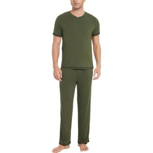 GYS Men’s Pajama Sets, Viscose Made from Bamboo, Short Sleeve T-Shirt and Lounge Pants 2 Piece Pajamas for Men(Army Green)