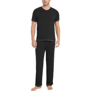 GYS Men’s Pajama Sets, Viscose Made from Bamboo, Short Sleeve T-Shirt and Lounge Pants 2 Piece Pajamas for Men(Black)