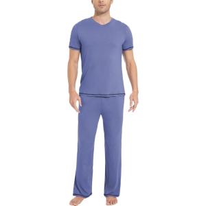 GYS Men’s Pajama Sets, Viscose Made from Bamboo, Short Sleeve T-Shirt and Lounge Pants 2 Piece Pajamas for Men(Fog Blue)