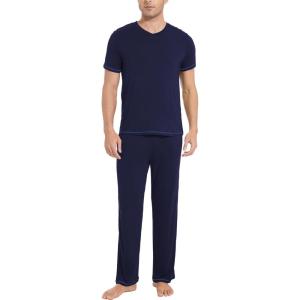 GYS Men’s Pajama Sets, Viscose Made from Bamboo, Short Sleeve T-Shirt and Lounge Pants 2 Piece Pajamas for Men(Navy)