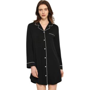 GYS Premium Women’s Nightgowns Button Down Sleepshirt Long Sleeve Notch Collar Boyfriend Nightshirt(Black)