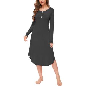GYS Viscose Nightgowns for Women Soft Long Sleeve Sleep Shirt with Pockets Crewneck Nightdress Sleepwear(Black)