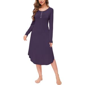GYS Viscose Nightgowns for Women Soft Long Sleeve Sleep Shirt with Pockets Crewneck Nightdress Sleepwear(Purple)