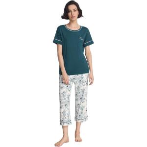 GYS Women Pajama Sets Bamboo Viscose Short Sleeve Top and Capri Pants 2 Piece Sleep Set(Ink Blue Floral)