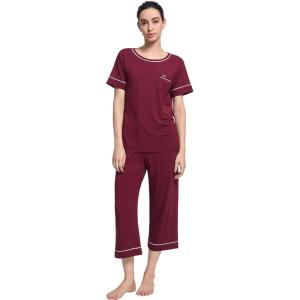GYS Women Pajama Sets Bamboo Viscose Short Sleeve Top and Capri Pants 2 Piece Sleep Set(Wine Red)