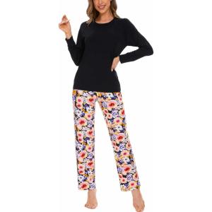 GYS Women’s Pajama Sets Bamboo Viscose Long Sleeve Sleepwear with Pants Soft Pjs Lounge Set Ladies Loungewear(Black Flowers/Straight-leg)
