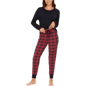 GYS Women’s Pajama Sets Bamboo Viscose Long Sleeve Sleepwear with Pants Soft Pjs Lounge Set Ladies Loungewear(Black Red Plaid/Tapered-leg)
