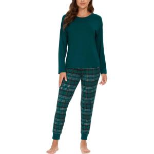 GYS Women’s Pajama Sets Bamboo Viscose Long Sleeve Sleepwear with Pants Soft Pjs Lounge Set Ladies Loungewear(Green Plaid/Tapered-leg)
