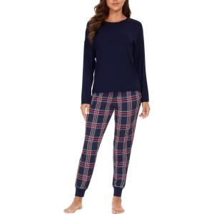 GYS Women’s Pajama Sets Bamboo Viscose Long Sleeve Sleepwear with Pants Soft Pjs Lounge Set Ladies Loungewear(Navy Plaid/Tapered-leg)
