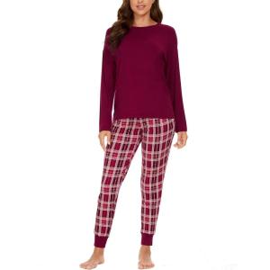 GYS Women’s Pajama Sets Bamboo Viscose Long Sleeve Sleepwear with Pants Soft Pjs Lounge Set Ladies Loungewear(Wine Plaid/Tapered-leg)
