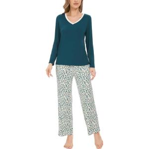 GYS Women’s Pajama Sets Long Sleeve Sleepwear Comfy 2 Piece Ladies Pj Sleep Set, Viscose Made from Bamboo(B- Green/ Leopard)