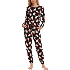 GYS Womens Pajamas Set – Viscose Made from Bamboo, Long Sleeve Sleepwear Tops with Jogger Pants Lounge Pjs Sets(Santa Claus Black)
