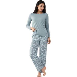 Women’s Pajama Sets Bamboo Viscose Soft and Breathable Long Sleeve Sleepwear(Greyish Green/Flower)