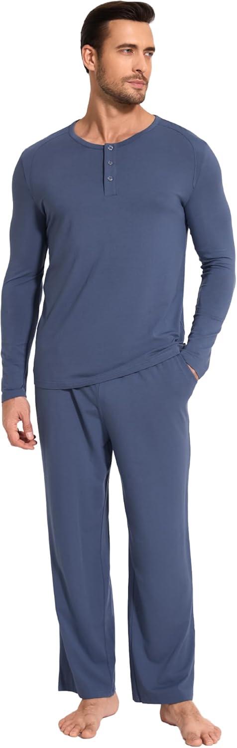 imageGYS Bamboo Viscose Mens Pajama Sets 2 Piece Long Sleeve Sleep Set with PocketsMidnight Blue