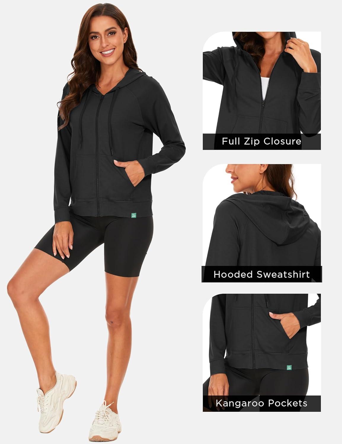 imageGYS Full Zip Up Hoodies for Women Bamboo Viscose Lightweight Hooded Sweatshirt with Pocket Casual Long Sleeve Terry TopBlack