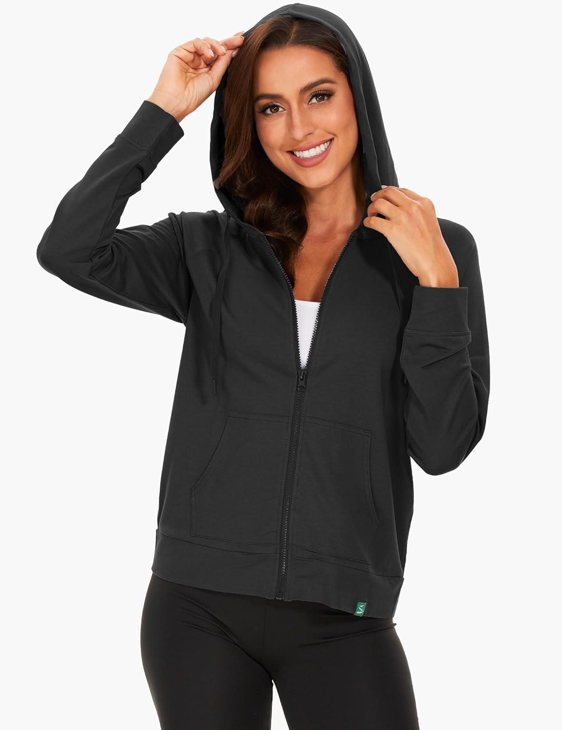 imageGYS Full Zip Up Hoodies for Women Bamboo Viscose Lightweight Hooded Sweatshirt with Pocket Casual Long Sleeve Terry TopBlack